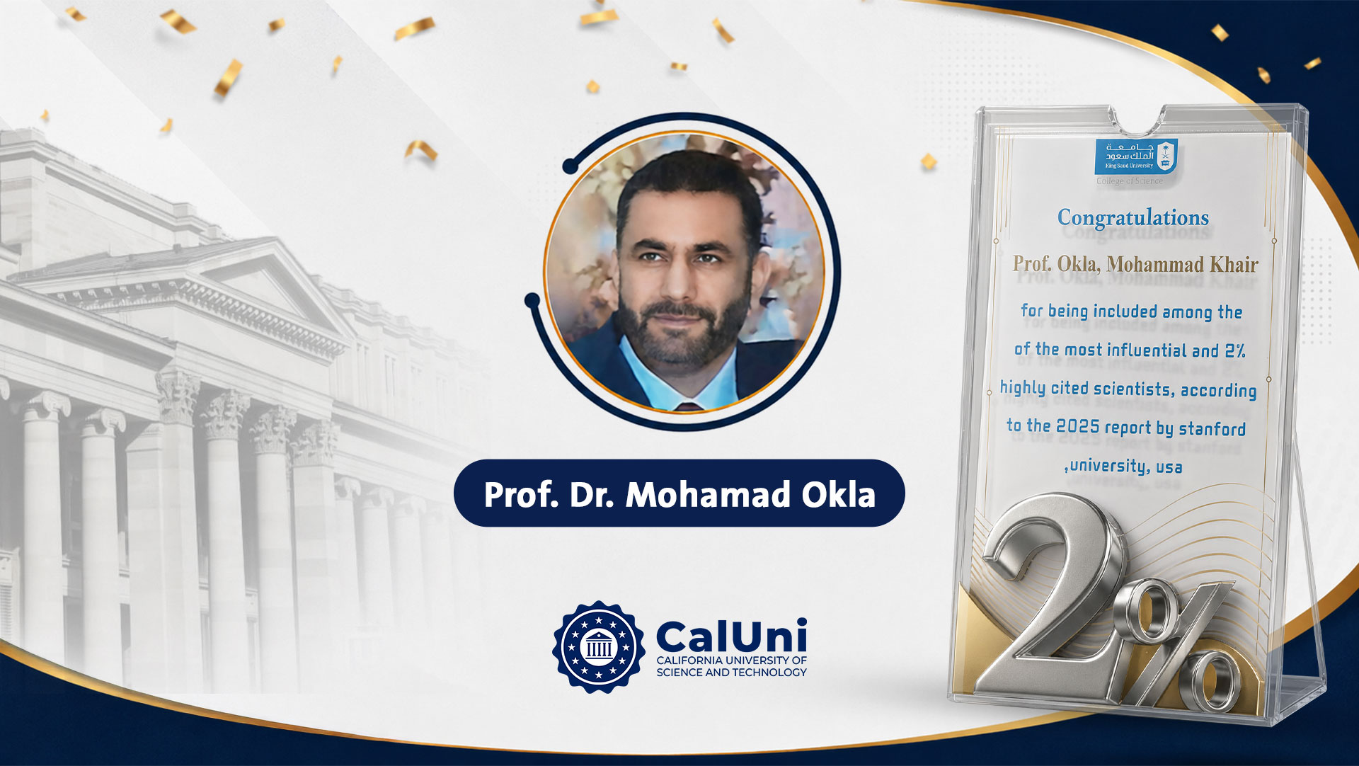 تتقدم أسرة الجامعة بأسمى آيات التهنئة للأستاذ الدكتور محمد العقلة رئيس مجلس الأمناء بالجامعة بمناسبة اختياره ضمن قائمة أعلى 2% من العلماء الأكثر تأثيراً على مستوى العالم.